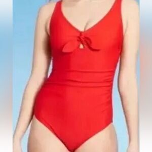Kona Sol red one piece swimsuit size medium tie front accent adjustable straps